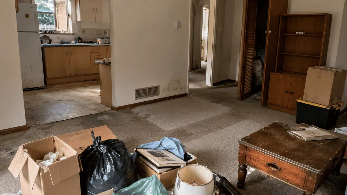 Furniture, boxes and household belongings in a home awaiting clearance