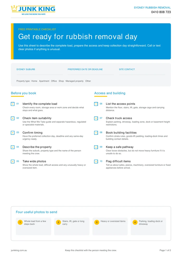 Preview of the printable Junk King Sydney rubbish removal day checklist
